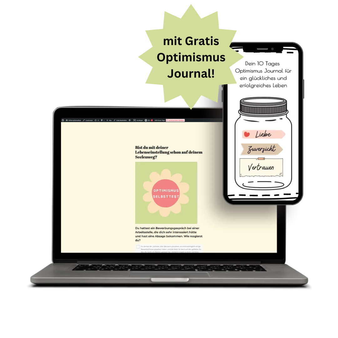 Optimismus Selbsttest Laptop mit Optimismus-Selbsttest-Webseite, daneben Smartphone mit 10-Tage-Journal und Hinweis auf gratis Optimismus-Journal.